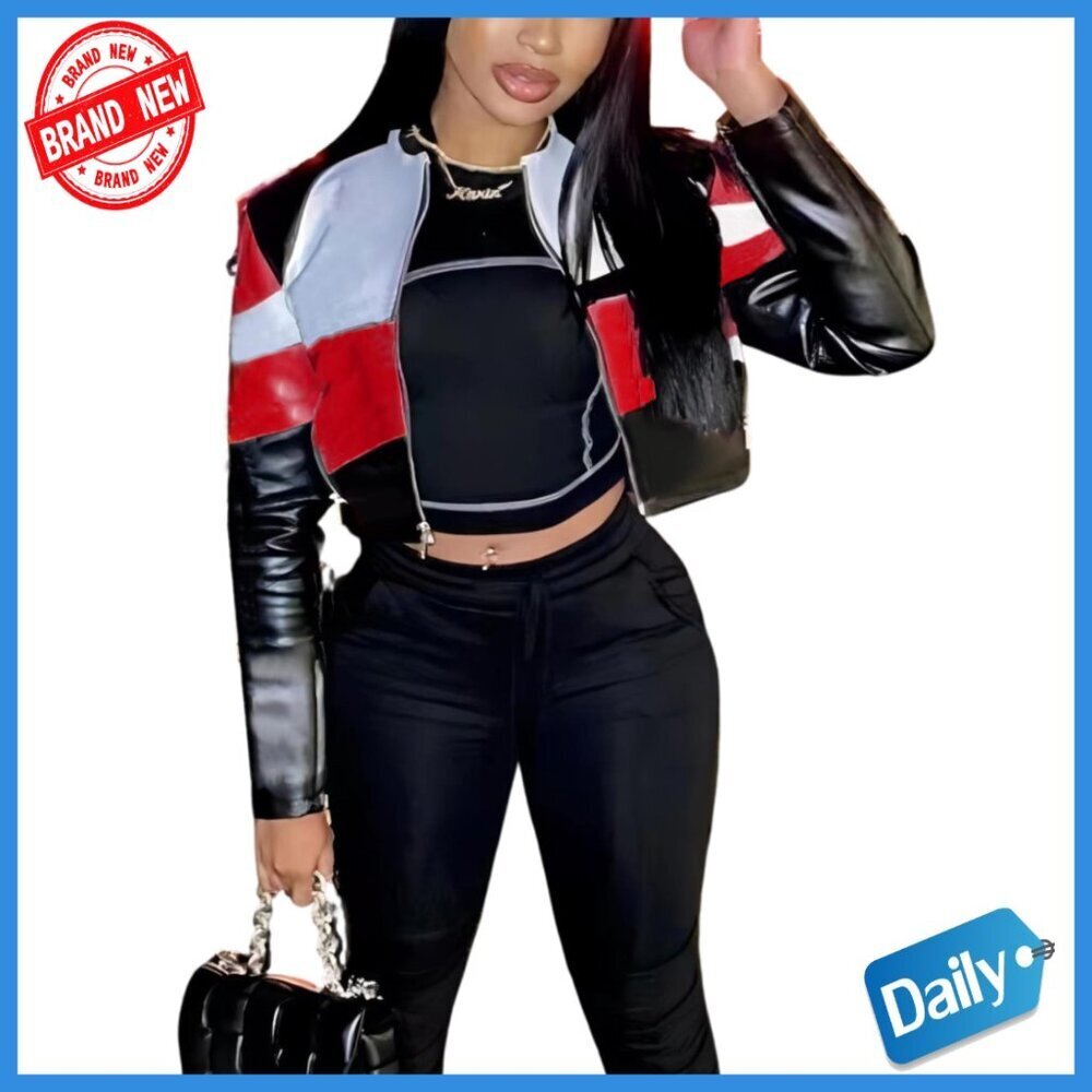 Women's Leather Bomber Jacket Long Sleeve Classic Fit All Season Casual